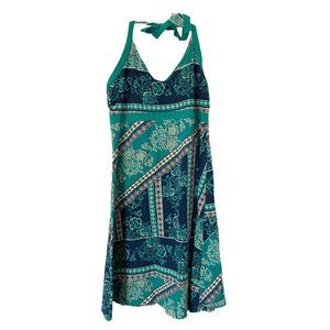 Teal and Navy Patterned Halter Dress